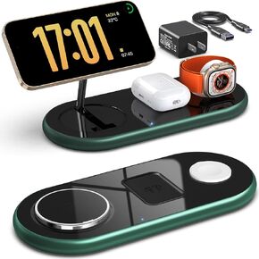 3 in 1 Charging Station for Apple Devices, Faster Mag-Safe Charger Stand, Magnetic Wireless Charger Station for iPhone 16 15 14 13 12 Pro Max Plus, Apple Watch iwacth & AirPods, Adjustable Angle