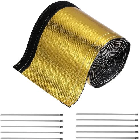 MECCANIXITY Heat Shroud Sleeve Aluminized Gold Sleeving 30mm 1-1/4 Inch ID x 300cm 10FT Heat Cable Sleeving for Hose Wire Heat Protection with Hook&Loop,10PCS Stainless Steel Ties in Kuwait