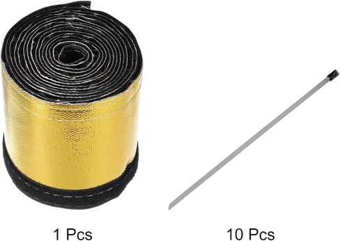MECCANIXITY Heat Shroud Sleeve Aluminized Gold Sleeving 30mm 1-1/4 Inch ID x 300cm 10FT Heat Cable Sleeving for Hose Wire Heat Protection with Hook&Loop,10PCS Stainless Steel Ties in Kuwait