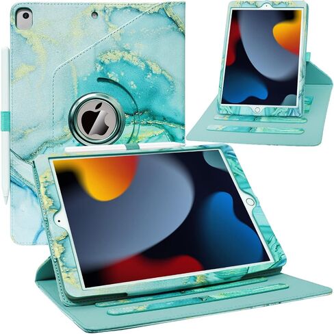 Case for iPad 9th/ 8th/ 7th Generation, iPad 10.2 inch Case 2021/2020/ 2019, 360 Degree Rotating Stand, iPad 9 8 7 Gen 10.2'' Leather Cover with Pocket Design & Pencil Holder, Marble Blue in Saudi Arabia