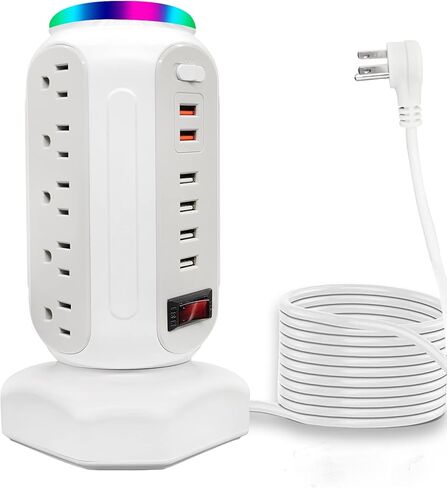 Power Strip Tower 15 Outlets 6 USB Ports, Surge Protector with Colorful Led Light & USB Fast Charge,Desktop Charging Station with 6.5ft Heavy Duty Extension Cord for Home Office(Black) in Saudi Arabia