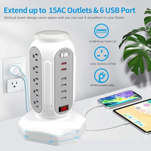 Power Strip Tower 15 Outlets 6 USB Ports, Surge Protector with Colorful Led Light & USB Fast Charge,Desktop Charging Station with 6.5ft Heavy Duty Extension Cord for Home Office(Black) in Saudi Arabia
