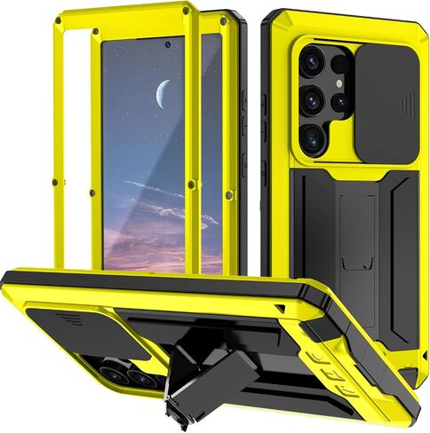 حافظة Miimall معدنية لهاتف Galaxy S24 Ultra، غطاء هاتف كامل للجسم S24 مع واقي شاشة مدمج ومسند وغطاء كاميرا، حافظة متينة مضادة للسقوط لهاتف Samsung S24 Ultra أصفر in Kuwait