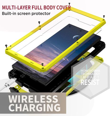 حافظة Miimall معدنية لهاتف Galaxy S24 Ultra، غطاء هاتف كامل للجسم S24 مع واقي شاشة مدمج ومسند وغطاء كاميرا، حافظة متينة مضادة للسقوط لهاتف Samsung S24 Ultra أصفر in Kuwait