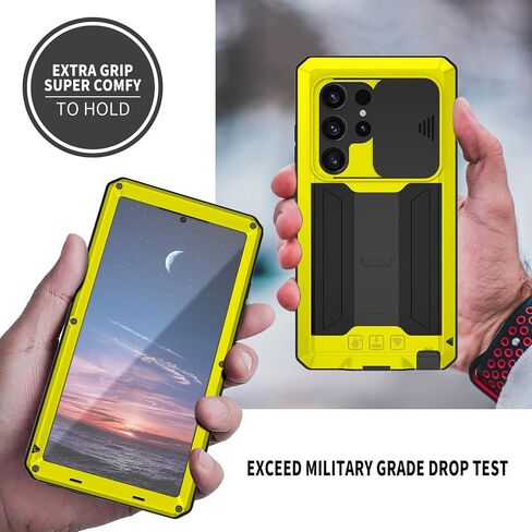 حافظة Miimall معدنية لهاتف Galaxy S24 Ultra، غطاء هاتف كامل للجسم S24 مع واقي شاشة مدمج ومسند وغطاء كاميرا، حافظة متينة مضادة للسقوط لهاتف Samsung S24 Ultra أصفر in Kuwait