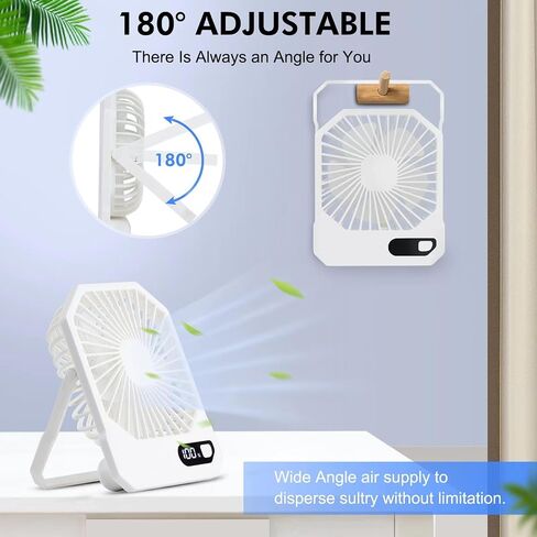 Small Desk Fan, 2 IN 1 Desktop/Hanging USB Rechargeable Battery Powered Fan, 180° Tilt & LED Display & Adujstable 3 Speed Ultra Quiet Portable Personal Fan for Travel Office Bedroom in Saudi Arabia