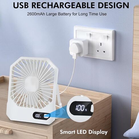 Small Desk Fan, 2 IN 1 Desktop/Hanging USB Rechargeable Battery Powered Fan, 180° Tilt & LED Display & Adujstable 3 Speed Ultra Quiet Portable Personal Fan for Travel Office Bedroom in Saudi Arabia
