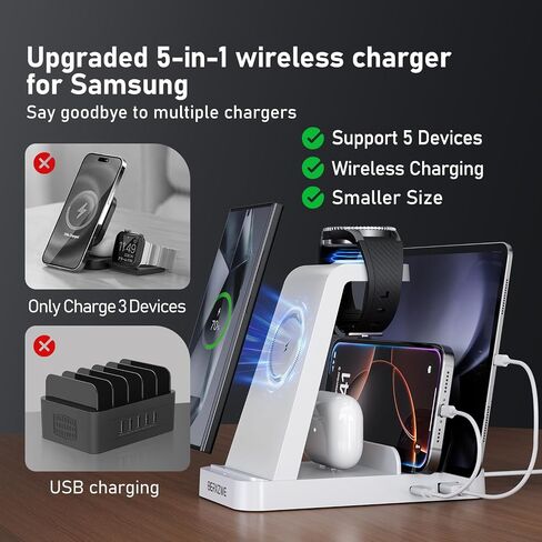 Wireless Charger for Samsung, 5 in 1 Wireless Charging Station for Samsung, Charger Dock Stand for Samsung Galaxy Watch Ultra 7 6 5 4 3,Galaxy S24 Ultra S23 S22 S21,Note 20 10 Z Fold,Galaxy Buds,Black in Saudi Arabia