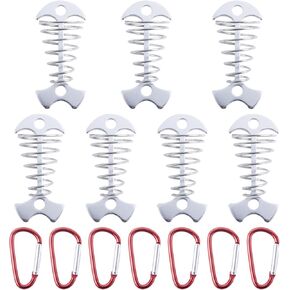 CHANGE MOORE Deck Anchor Pegs Tent Stakes: Aluminum Deck Tie Down Spring Windproof Tent Stakes, Camping Outdoor Fishbone Tent Anchors Tent Rope Silver Deck Anchor Pegs with Red Carabiners (12Pcs)