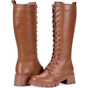 Vepose Women's 953 Lace Platform Combat Knee High Boots with Comfort Chunky Heel