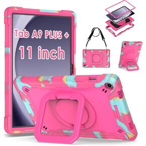 DETUOSI Case for Samsung Galaxy Tab A9 Plus 11 inch 2023, Galaxy Tab A9 Plus Shockproof Case with 360°Rotatable Stand & Shoulder Strap, Heavy Duty Case for SM-X210/X216/X218, Camouflage Rose Red
