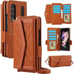 حافظة هاتف Asuwish لهاتف Samsung Galaxy Z Fold 3 5G 2021 مع غطاء خلوي مع RFID وحامل بطاقة الائتمان وفتحة الكتف وحزام كروس وحامل TPU ZFold3 Z3 Fold3 3Z ZFold35G للنساء والرجال والفتيات باللون البني