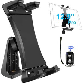 IPad Tablet Tripod Mount Adapter 360 Degree Rotatable Universal Clamp Holder with Bluetooth Remote for iPad Pro 12.9 11 10.5, iPad Air Mini, Surface Tab, Galaxy Tab and 3.5 to 13.5in Phone Tablets