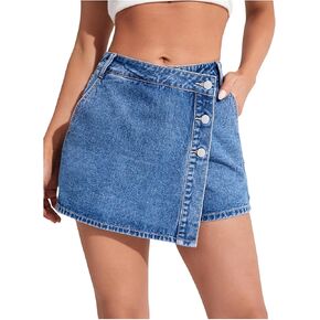 WDIRARA Women's High Waisted Button Front Denim Skort Asymmetrical Hem Skirt Shorts