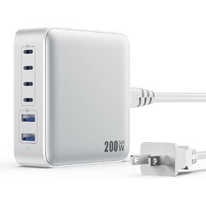 USB C Charger Block 200W,[2024 Upgraded] GaN III 6 Port Fast Charging Station Hub,PD 65W USB C Laptop Charger Compatible with MacBook Pro/Air,iPad,iPhone 16/15,Galaxy S23/S24 Steam Deck Dell XPS etc