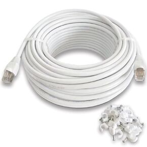 260ft White Outdoor Cat5e Ethernet Cable - Waterproof Double Jacket Cord, Direct Burial, UTP, High-Speed, POE Compatible, Weatherproof & UV Resistant, Heavy-Duty, with Wall Mounting Clips