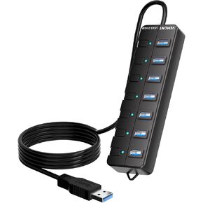 USB HUB,VEMONT 7 Port USB 3.0 Hub with Individual On/Off Switches and Lights, USB Splitter hub with 4ft/1.2m USB HUB Long Cable, USB Extension for Laptop and PC Computer