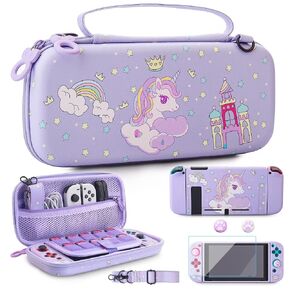 GLDRAM for Nintendo Switch OLED Travel Bag with 10 Card Slots, Anti-Fall Carrying Case with Unicorn Protective Hardshell Cover, Screen Protector, Adjustable Shoulder Strap & 2 Purple-White Thumb Caps