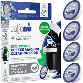 Nespresso Compatible Cleaning Pods. 4 Nespresso Vertuo Cleaner Capsules. Improved Coffee Flavor for Crisp Coffee. For Nespresso Vertuo, Use with Nespresso Descaling Kit.