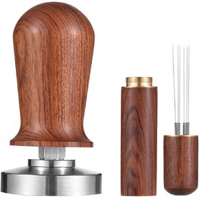 51mm Espresso Tamper & Stirrer Set Coffee Calibrated Tamper with Excellent Quality Spring Loaded Flat 304 Stainless Steel Base Barista Wooden Handle Press and WDT Tool for Espresso Machine Accessories
