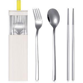 cobee Stainless Steel Travel Utensils with Case, Reusable Flatware Set Includes Fork, Spoon, Chopsticks Portable Lunch Cutlery Kit Silverware for Lunch Camping Hiking Office(White)