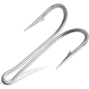10pcs Double Fishing Hooks, Classic Stainless Steel Frog Hooks with Sharp Open Shank Barbed for Saltwater Freshwater Fishing