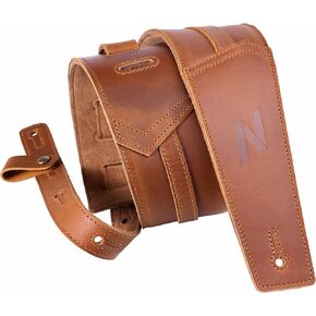 Nefelibata 3" Guitar Strap, Soft Italian Full Grain Cowhide, with Foam Padding and Cable Storage Loop, for Bass, Electric and Acoustic Guitars（Brown）