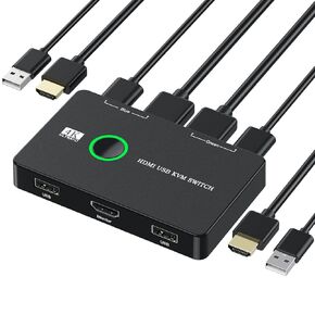 KVM Switch, USB and HDMI KVM Switches for 2 Computers Sharing Mouse Keyboard Printer to One HD Monitor, Supports 4K@60 Hz, 2 HDMI Cables and 2 USB Cables Included