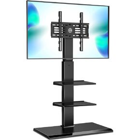 FITUEYES Iron Base Universal Floor TV Stand with Swivel Tilt, TV Mount Stand for 32-75 Inch Screens, Corner TV Stand with Height Adjustable Entertainment Shelves (White)