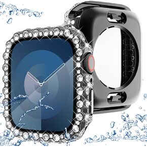KADES 2 in 1 Bling Bumper Case Compatible with Apple Watch Series 6 5 4 SE 44mm,360 Waterproof Diamond Protective Face Cover & Back Case for Women,Hard PC Frame Protector for iWatch 44mm, Black