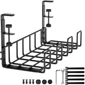 Under Desk Cable Management Tray, 15.7" No Drill Cord Organizer with Clamps for Wire Management, 4mm Sturdy Wire Desk Cable Organizer Tray, Cable Management Rack for Home & Office (Small)