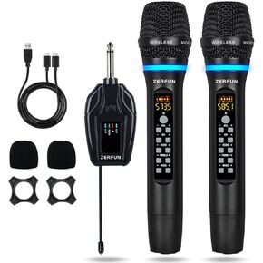 ZERFUN Dual Wireless Microphones Rechargeable, UHF Metal Wireless Mic System Cordless Microphone Professional with Echo Treble BASS VOL Channel Control for Karaoke Singing Church Events