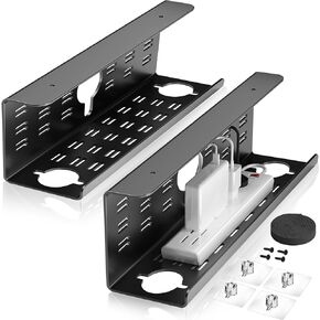 Cinati 2 Pack Cable Management Under Desk, 16 inch Under Desk Cable Management Tray, No Drill Black Cable Organizer for Desk, Tape & Screw Installation Desk Cable Management,Cord Management for Office