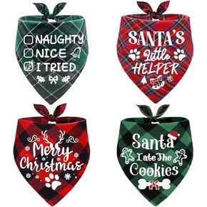 4 Pcs Christmas Dog Bandanas Dog Christmas Outfit Plaid Dog Bandana Pet Bow Tie with Bell Christmas Dog Hat for Small to Large Dogs Cats