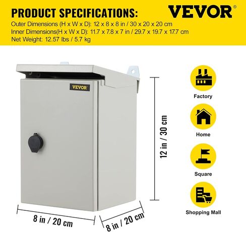 VEVOR Electrical Enclosure, 12'' x 8'' x 8'' 4 Outdoor Enclosure, IP65 Waterproof & Dustproof Cold-Rolled Carbon Steel Hinged Junction Box for Outdoor Indoor Use, with Rain Hood in Saudi Arabia