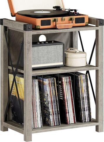 حامل مشغل تسجيلات IDEALHOUSE مع مساحة تخزين، حامل خشبي دوار لبيت المزرعة مع إطار معدني X، طاولة جانبية لمشغل تسجيلات ريفية من 3 طبقات لغرفة المعيشة وغرفة النوم والمكتب - رمادي in Kuwait