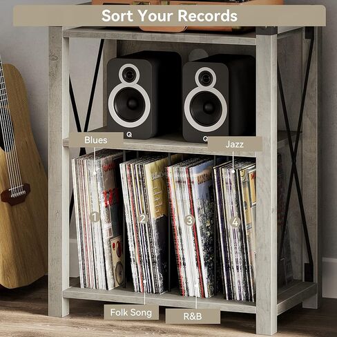 حامل مشغل تسجيلات IDEALHOUSE مع مساحة تخزين، حامل خشبي دوار لبيت المزرعة مع إطار معدني X، طاولة جانبية لمشغل تسجيلات ريفية من 3 طبقات لغرفة المعيشة وغرفة النوم والمكتب - رمادي in Kuwait
