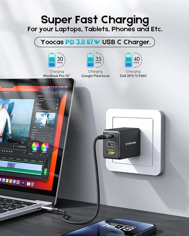 USB C 67W GaN Charger, PD 3.0 Power Delivery Fast Type C Charging Block, Laptop Charger for MacBook Pro/Air, iPad Pro, iPhone, Android,Dell XPS, Galaxy, Switch,Surface,steam Deck-Black in Saudi Arabia