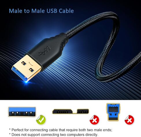 USB 3.0 Cable Male to Male, 2-Pack Braided 6ft USB to USB Cable Type A Male Double End USB Cord Compatible Hard Drive Enclosures, DVD Player, Laptop Cooler - Black … in Kuwait