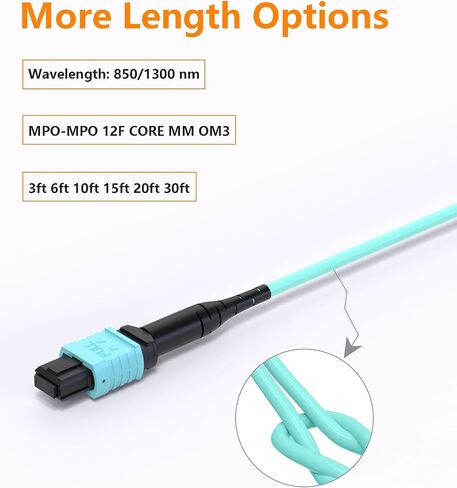 كابل ألياف MTP/MPO إلى MPO، كابل توصيل ألياف متعدد الأوضاع 3M OM3 12 جديلة لتطبيق متوافق مع QSFP+أجهزة الإرسال والاستقبال MTP in Kuwait