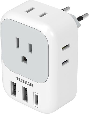 محول قابس السفر الأوروبي USB C، محول التوصيل الدولي TESSAN مع 4 منافذ تيار متردد و3 منافذ USB، شاحن محول الطاقة من النوع C للولايات المتحدة لمعظم أوروبا أيسلندا إسبانيا إيطاليا فرنسا ألمانيا in Kuwait