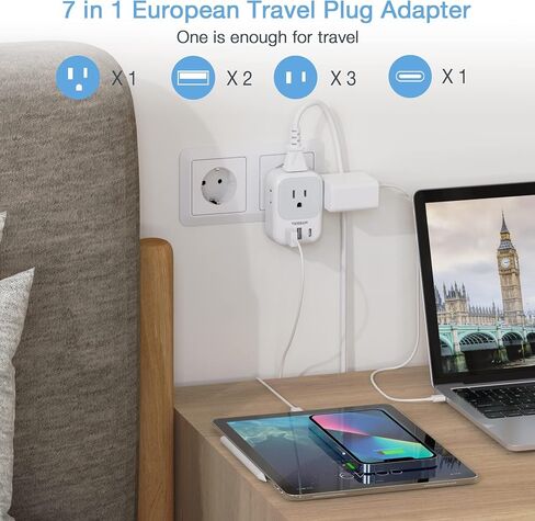 محول قابس السفر الأوروبي USB C، محول التوصيل الدولي TESSAN مع 4 منافذ تيار متردد و3 منافذ USB، شاحن محول الطاقة من النوع C للولايات المتحدة لمعظم أوروبا أيسلندا إسبانيا إيطاليا فرنسا ألمانيا in Kuwait