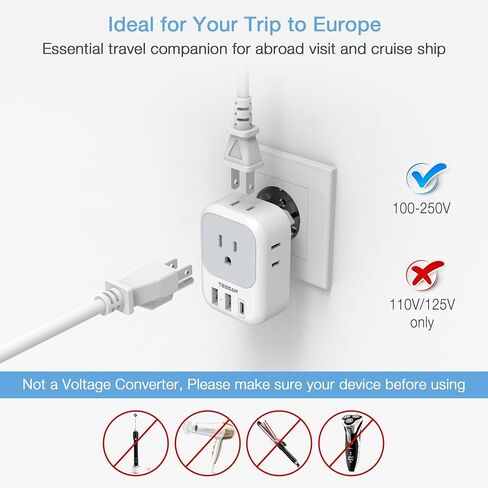 محول قابس السفر الأوروبي USB C، محول التوصيل الدولي TESSAN مع 4 منافذ تيار متردد و3 منافذ USB، شاحن محول الطاقة من النوع C للولايات المتحدة لمعظم أوروبا أيسلندا إسبانيا إيطاليا فرنسا ألمانيا in Kuwait