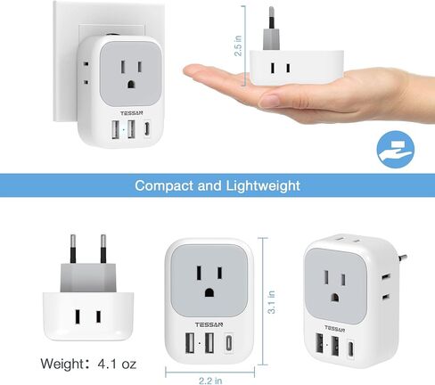 محول قابس السفر الأوروبي USB C، محول التوصيل الدولي TESSAN مع 4 منافذ تيار متردد و3 منافذ USB، شاحن محول الطاقة من النوع C للولايات المتحدة لمعظم أوروبا أيسلندا إسبانيا إيطاليا فرنسا ألمانيا in Kuwait