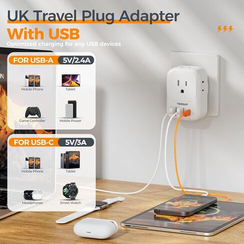 محول قابس السفر الأوروبي USB C، محول التوصيل الدولي TESSAN مع 4 منافذ تيار متردد و3 منافذ USB، شاحن محول الطاقة من النوع C للولايات المتحدة لمعظم أوروبا أيسلندا إسبانيا إيطاليا فرنسا ألمانيا in Kuwait