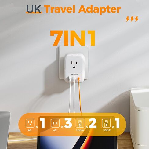 محول قابس السفر الأوروبي USB C، محول التوصيل الدولي TESSAN مع 4 منافذ تيار متردد و3 منافذ USB، شاحن محول الطاقة من النوع C للولايات المتحدة لمعظم أوروبا أيسلندا إسبانيا إيطاليا فرنسا ألمانيا in Kuwait