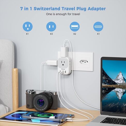 محول قابس السفر الأوروبي USB C، محول التوصيل الدولي TESSAN مع 4 منافذ تيار متردد و3 منافذ USB، شاحن محول الطاقة من النوع C للولايات المتحدة لمعظم أوروبا أيسلندا إسبانيا إيطاليا فرنسا ألمانيا in Kuwait