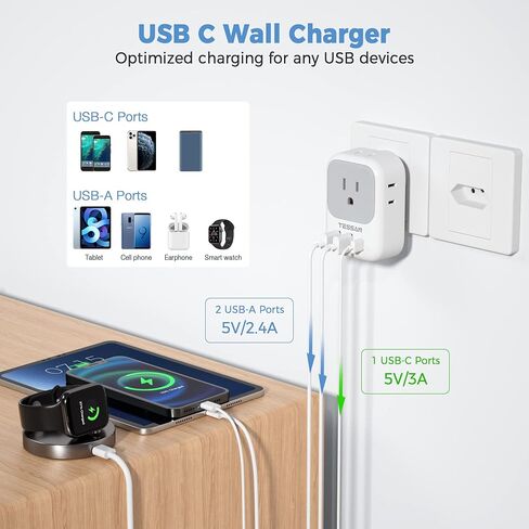 TESSAN US to UK Plug Adapter PD 20W, Type G Travel Converter | 3 USB Charger(1 USB C Port), 4 Outlets, USA to Ireland Qatar Hong Kong England Scotland Kenya Dubai London British in Kuwait