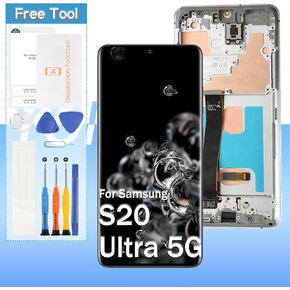 (OLED) Screen Replacement for Samsung Galaxy S20 Ultra 5G/ S20 Ultra 4G SM-G988U, SM-G988A, SM-G988W LCD Display Touch Digitizer Assembly with Tools(Sliver with Frame)