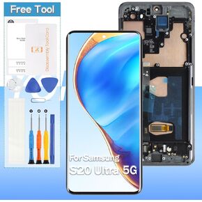 (OLED) قطعة بديلة للشاشة لهاتف Samsung Galaxy S20 Ultra 5G/ S20 Ultra 4G SM-G988U، SM-G988A، SM-G988W مجموعة رقمية تعمل باللمس مع أدوات (فضي مع إطار)